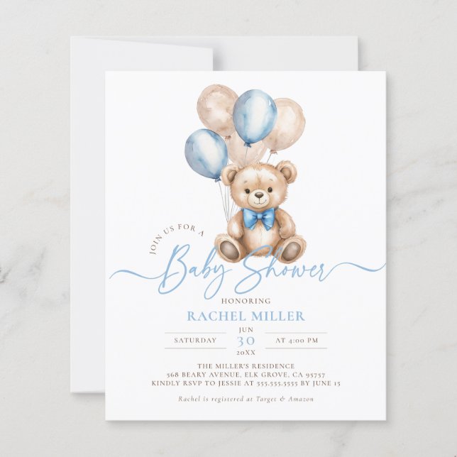 Ballons d'ours budget Blue Boy Baby shower Invitat (Devant)