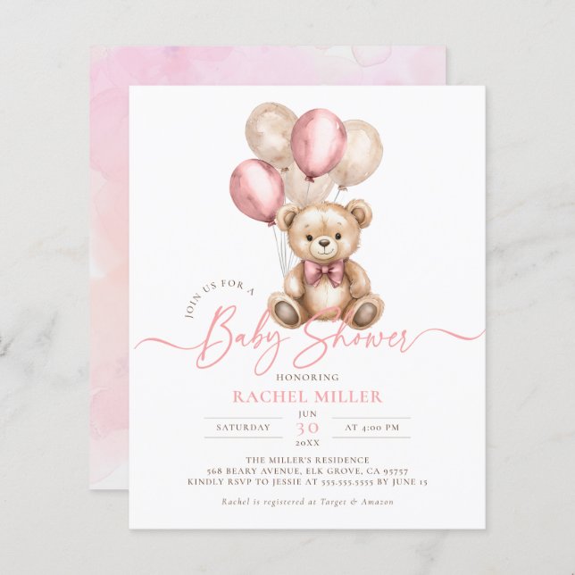 Ballons d'ours budget rose fille Invitation Baby s (Devant / Derrière)