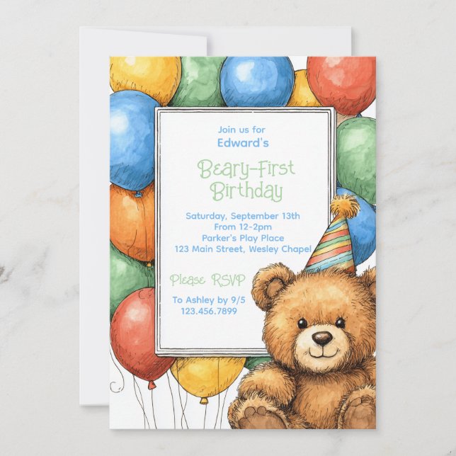 Ballons d'ours en peluche 1er Invitation d'anniver (Devant)