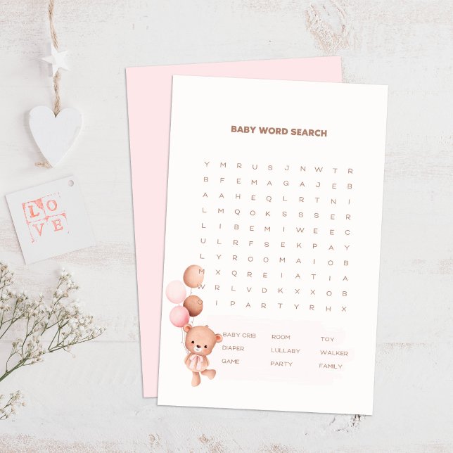 Ballons d'ours et rose Baby shower Word Search Jeu (Bear & Pink Balloons Baby Shower Word Search Game on a boho wooden table.)