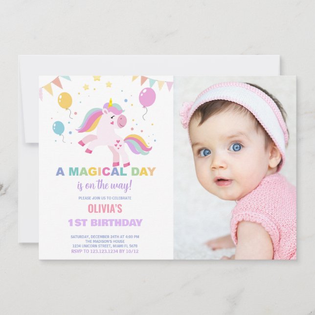 Ballons drapeaux Unicornes Anniversaire Invitation (Devant)