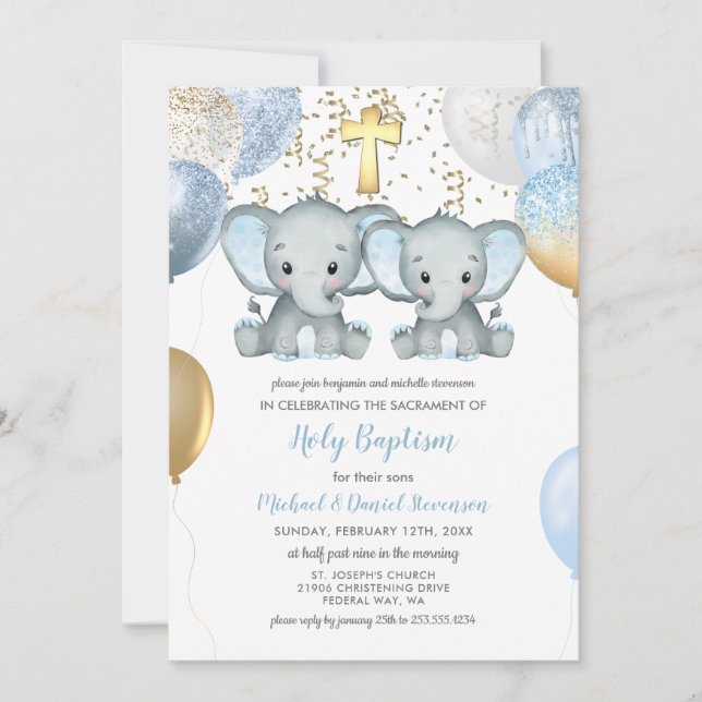 Ballons éléphants Aquarelle Baptême Invitation (Devant)
