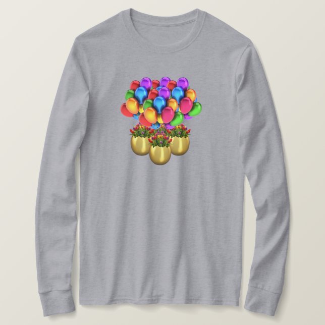 Ballons Et Fleurs Dames Longues Manches TShirt (Design devant)