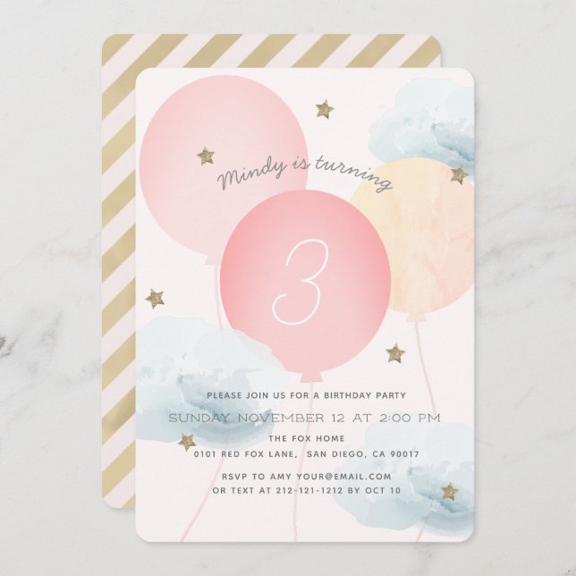 Ballons et nuages roses Invitation à la fête d'ann (Devant / Derrière)