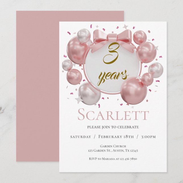 ballons et rubans roses pour invitation d'annivers (Devant / Derrière)