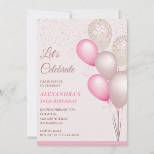 Ballons invitations à 34e anniversaire Pink Confet