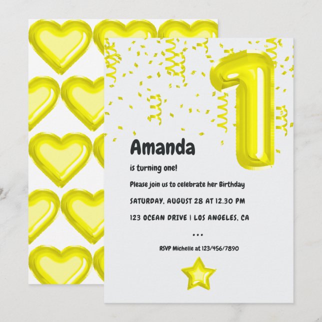Ballons Jaunes 1er Anniversaire Fête Invitation (Devant / Derrière)