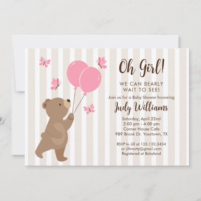 Ballons Ourson Mignon Invitation Fête Bébé Fille (Devant)