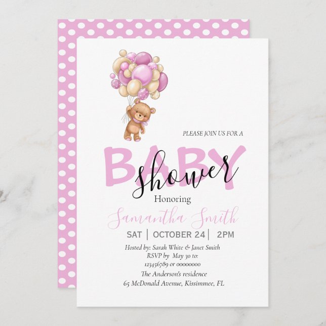 Ballons Pink Baby Invitation (Devant / Derrière)