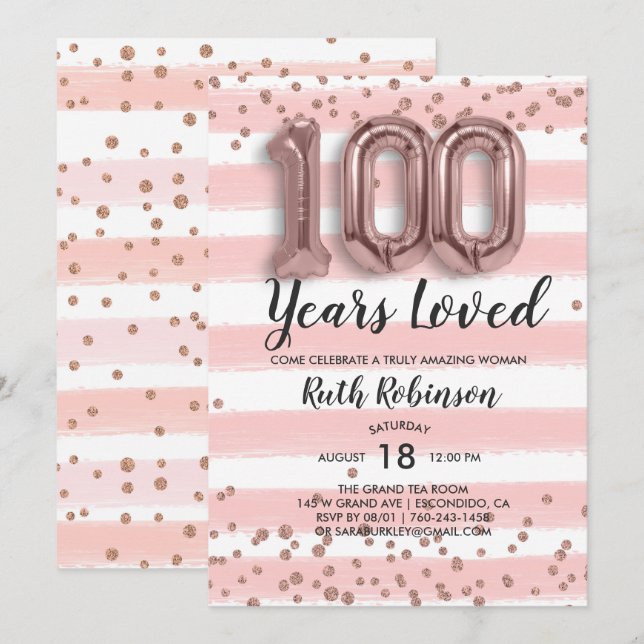 Ballons Rose Gold | Invitation Anniversaire 100 an (Devant / Derrière)