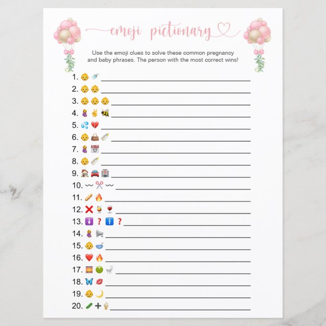 Ballons roses Emoji jeu de Baby shower Pictionary (Devant)