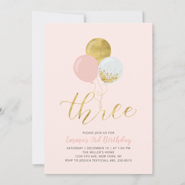 Ballons roses et or | Invitation pour les 3 ans d' (Devant)
