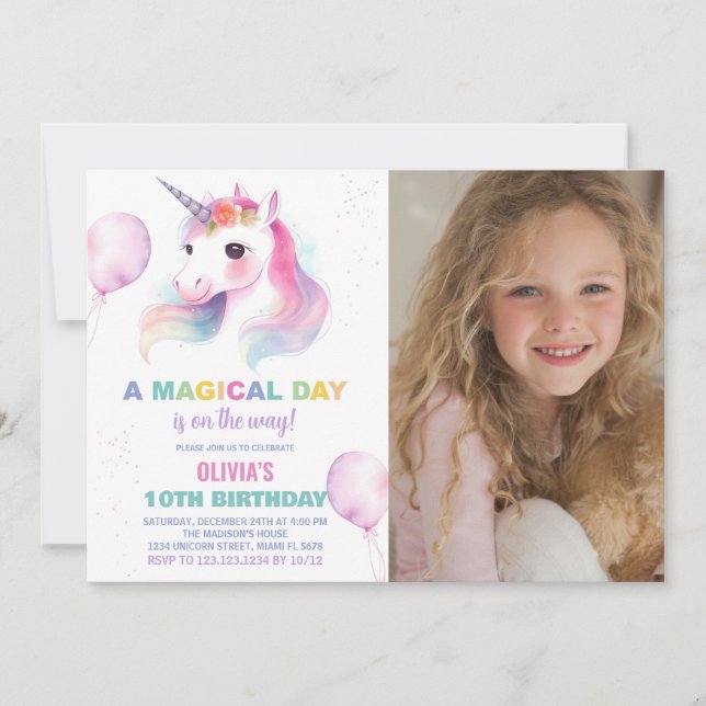 Ballons roses Unicorne Anniversaire Invitations ph (Devant)