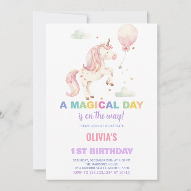 Ballons roses Unicorne Invitations Anniversaire (Devant)