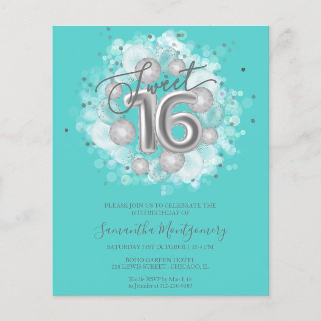Ballons Sweet 16 Budget Invitation Feuille d'Argen (Devant)