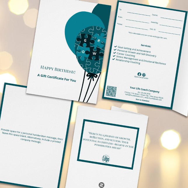 Ballons turquoises SMB Bon cadeau d'anniversaire (Teal Balloon SMB Happy Birthday Gift Certificate, To, From, Value, Expiry, By, Tracking ID, Terms)