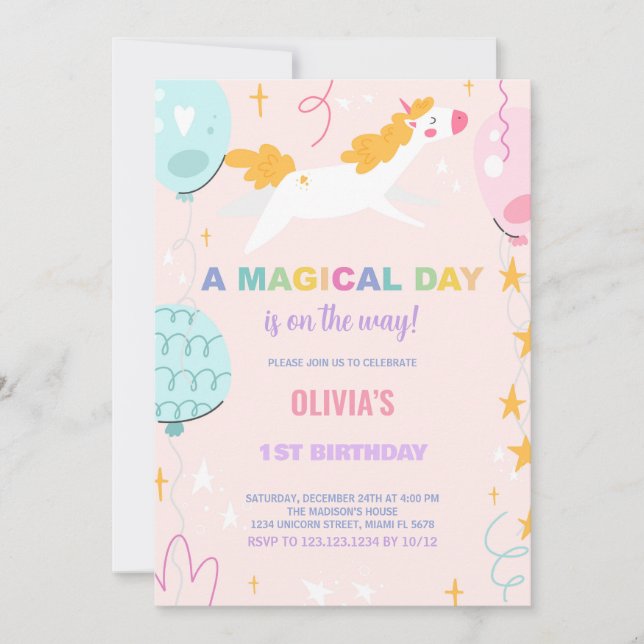 Ballons Unicorne Invitations d'anniversaire (Devant)
