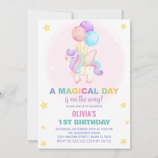 Ballons Unicorne Invitations d'anniversaire (Devant)