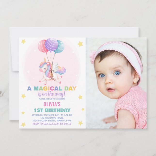Ballons Unicorne Invitations d'anniversaire avec p (Devant)