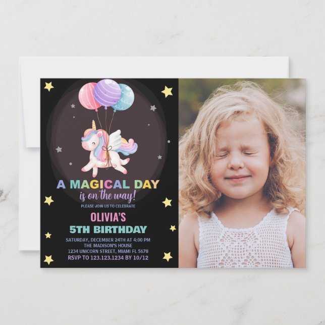 Ballons Unicorne Invitations d'anniversaire avec p (Devant)