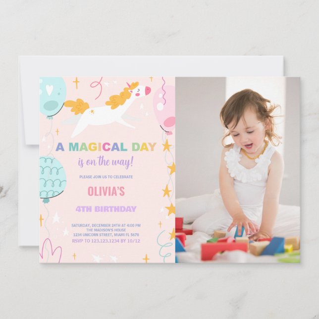 Ballons Unicorne Invitations d'anniversaire avec p (Devant)