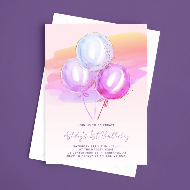 Ballons violets Filles 1er Anniversaire Invitation (Créateur téléchargé)