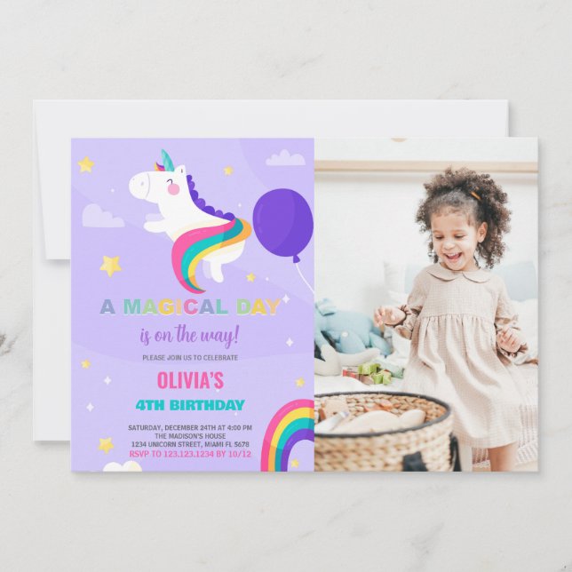 Ballons violets Unicorne Anniversaire Invitations  (Devant)