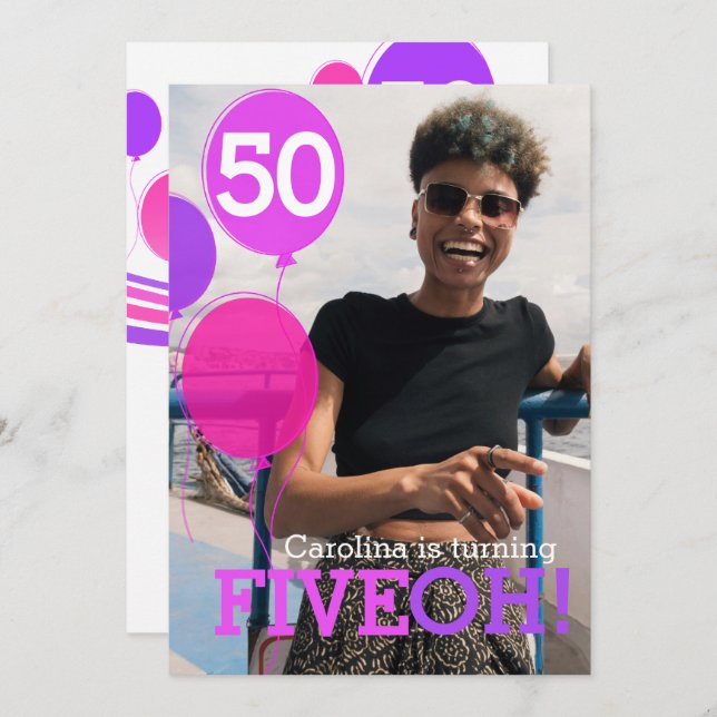 Balloon 50th FIVEOH! photo invitation d'anniversai (Devant / Derrière)