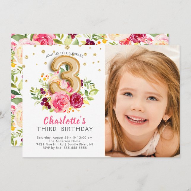 Balloon à huile photo Invitation troisième anniver (Devant / Derrière)