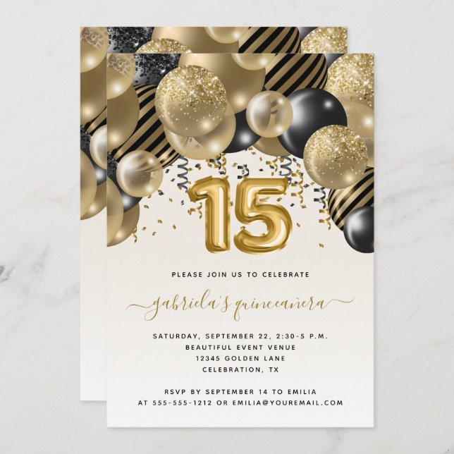 Balloon Arch Black Gold Quinceañera Invitation (Devant / Derrière)