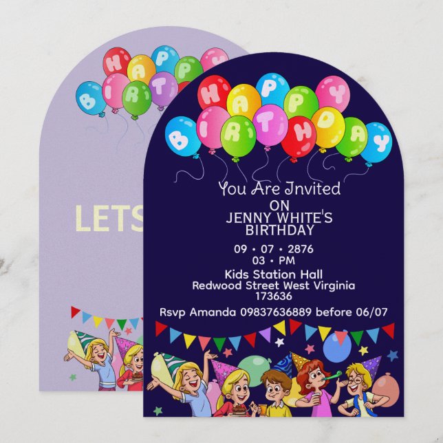 Balloon Kids Birthday Invitation (Devant / Derrière)