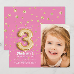 Balloon rose Foil Photo 3e anniversaire Invitation