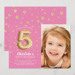 Balloon rose Foil Photo 5E Anniversaire Invitation