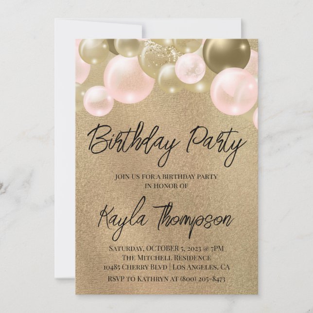 Balloon rose or Invitation de fête d'anniversaire (Devant)