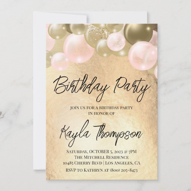 Balloon rose or Invitation de fête d'anniversaire (Devant)