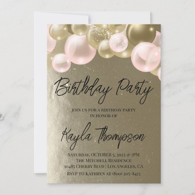 Balloon rose or Invitation de fête d'anniversaire (Devant)