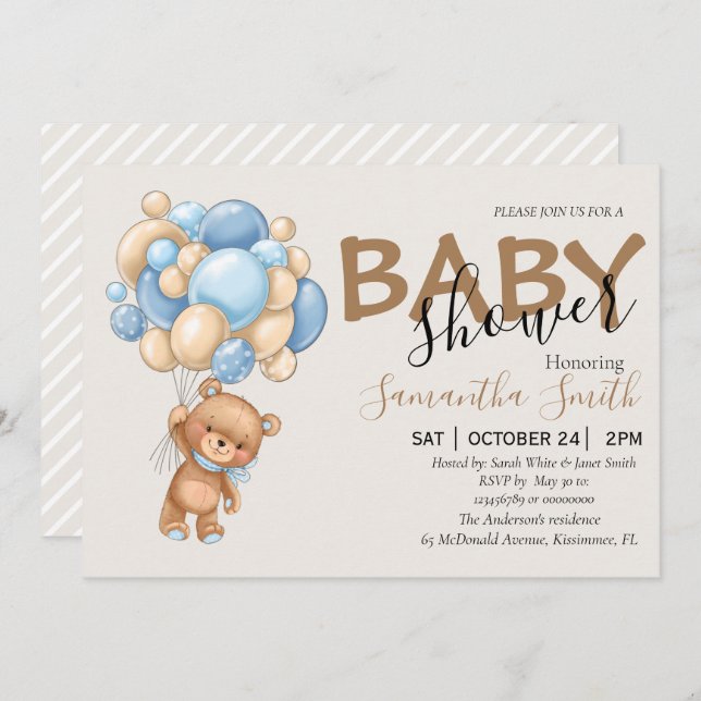 Balloon Teddy Bear Brown Baby Shower Invitations (Devant / Derrière)