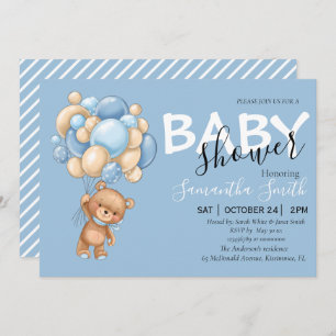 Balloon Teddy Ours Bleu Bébé Douche Invitations
