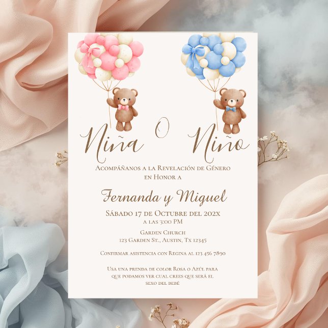 Balloons and Bear Gender Reveal Party Invitation (Créateur téléchargé)