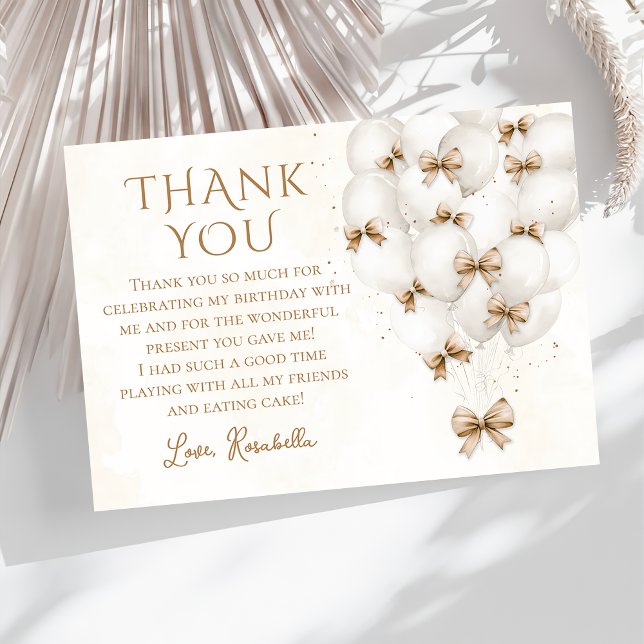 Balloons Beige Bow Fille Carte de remerciements d' (Créateur téléchargé)