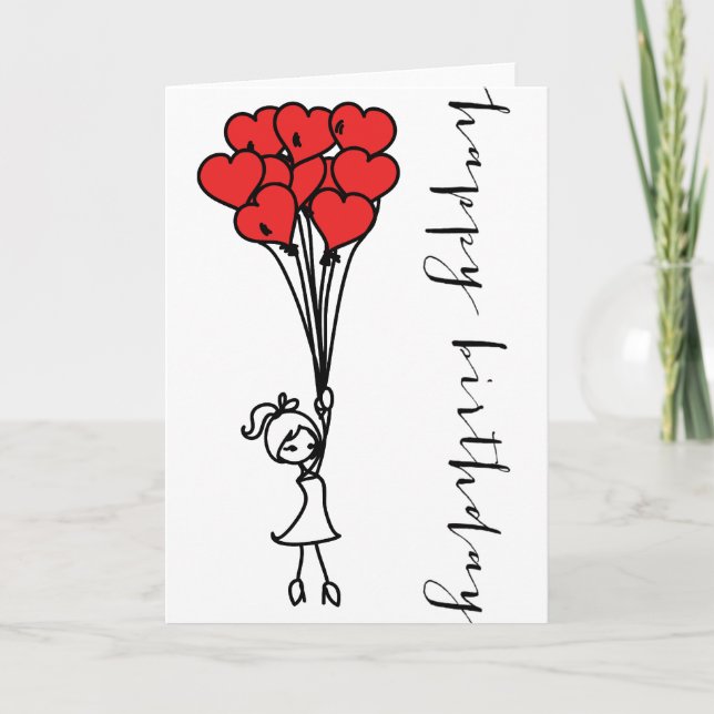 Balloons de fille et de coeur Doodle Bonne carte d (Devant)