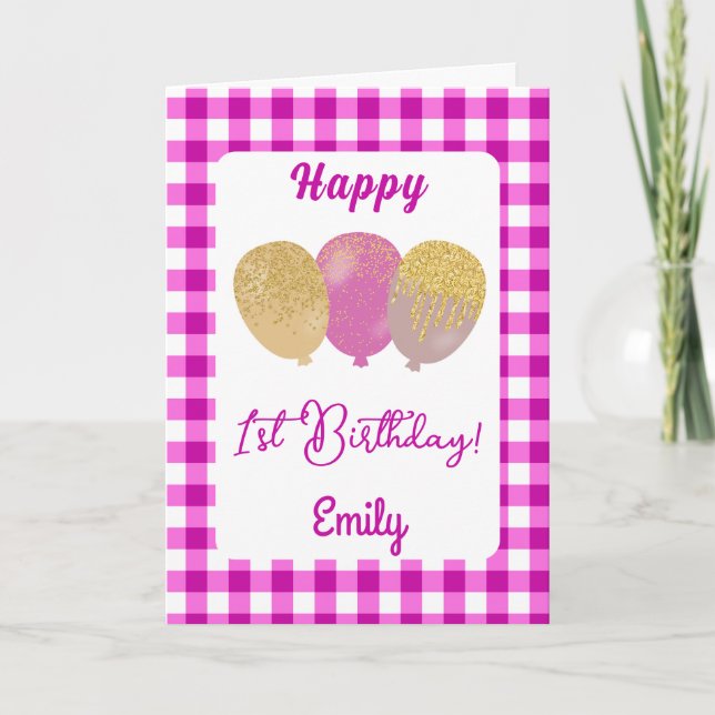 Balloons Gingham Rose Invitation Anniversaire Enfa (Devant)