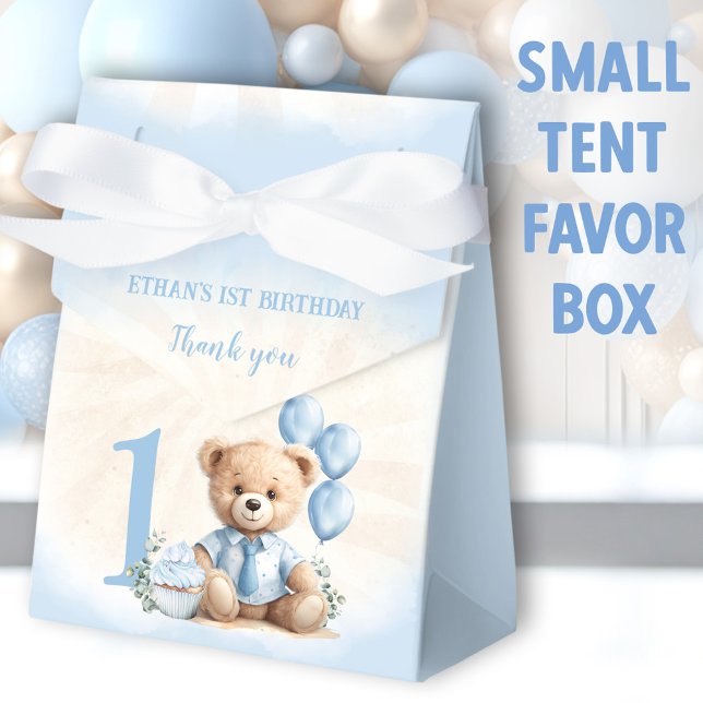 Ballotins 1er Anniversaire Garçon Bleu Beige Teddy Bear Tent (Blue Bear Small Tent Favor Boxes - You can choose from 2 sizes of these tent favor boxes)