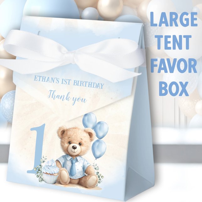 Ballotins 1er Anniversaire Garçon Bleu Beige Teddy Ours Gran (Blue Bear Large Tent Favor Boxes - You can choose from 2 sizes of these tent favor boxes)