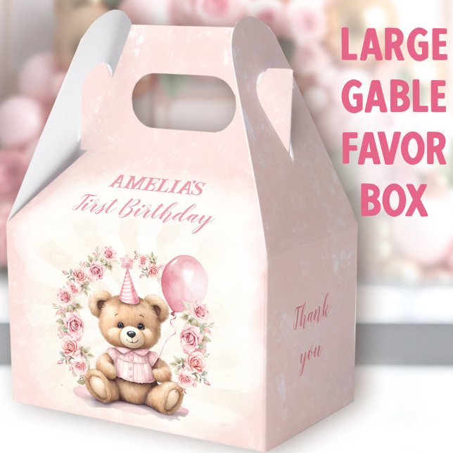 Ballotins 1er anniversaire Roses roses mignonnes Ours gros G (Bear Roses Large Gable Favor Boxes - You can choose from 3 sizes of these gable favor boxes)
