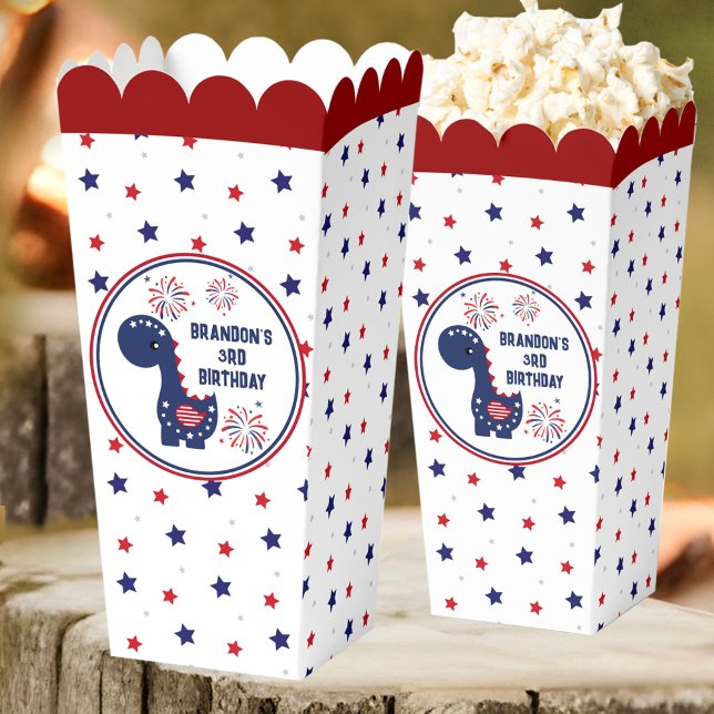 Ballotins 4 juillet Patriotique Dinosaur Boy Anniversaire (4th of July Patriotic Dinosaur Boy Birthday Popcorn Favor Boxes)