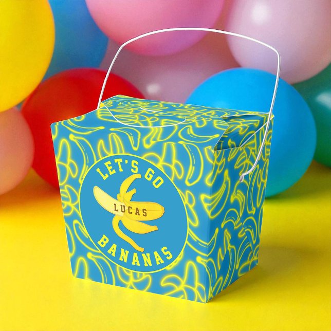 Ballotins Allons à la fête des bananes (Bright ‘Let’s Go Bananas’ favor box with neon fruit pattern and custom name.)