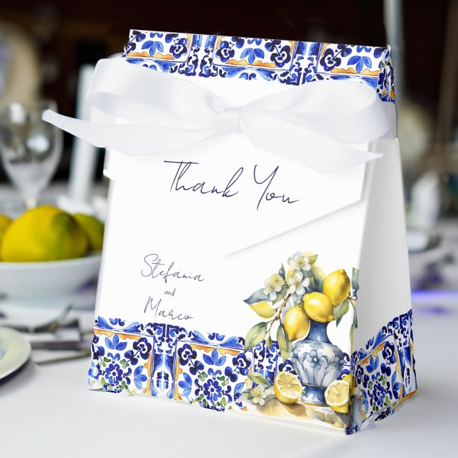 Ballotins Amalfi italien tuiles bleu citrons mariage imprimé (Amalfi Italian blue tiles lemons wedding printed Favor Box personalized wedding favors ceramic vase)
