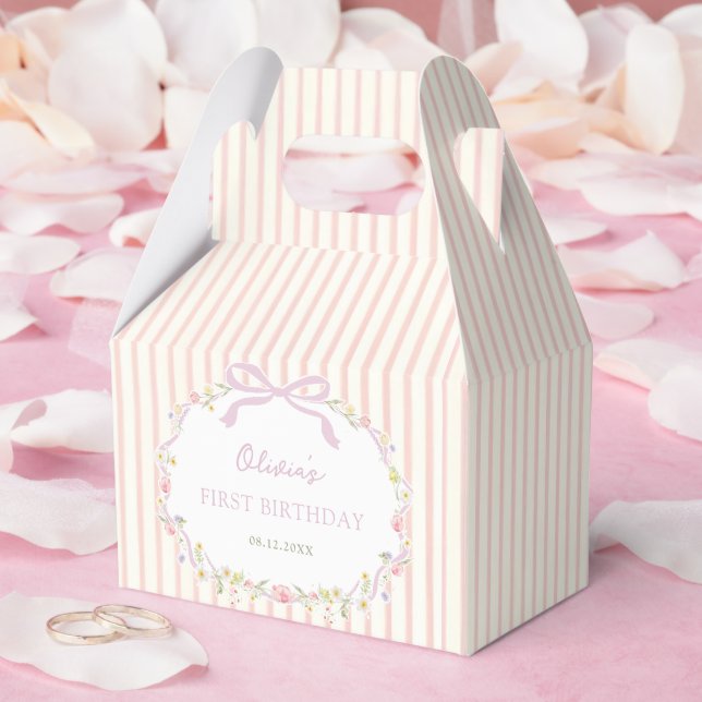 Ballotins Anniversaire Fleurs Rayures Nœud Rose (Mariage)