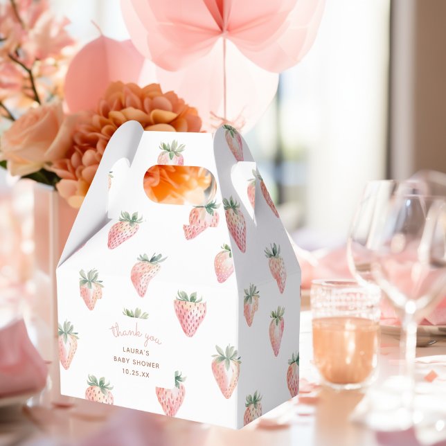 Ballotins Aquarelle Berry Baby shower doux Merci (thank you gift box with pink coquette watercolor srawberries for a berry sweet baby shower party)